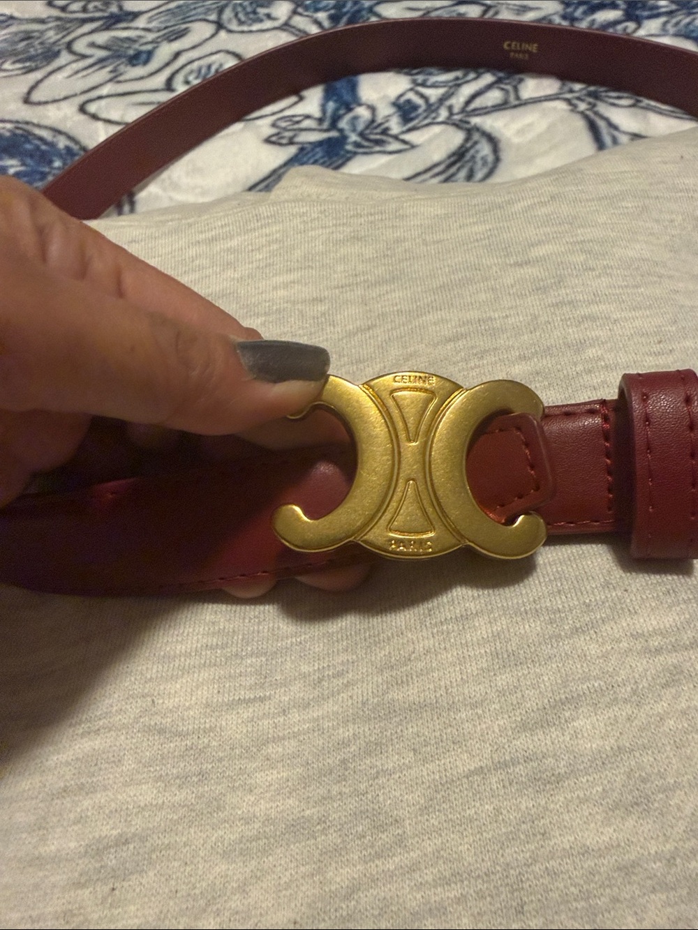 Celine Burgundy Leather Belt with Gold Triomphe Buckle